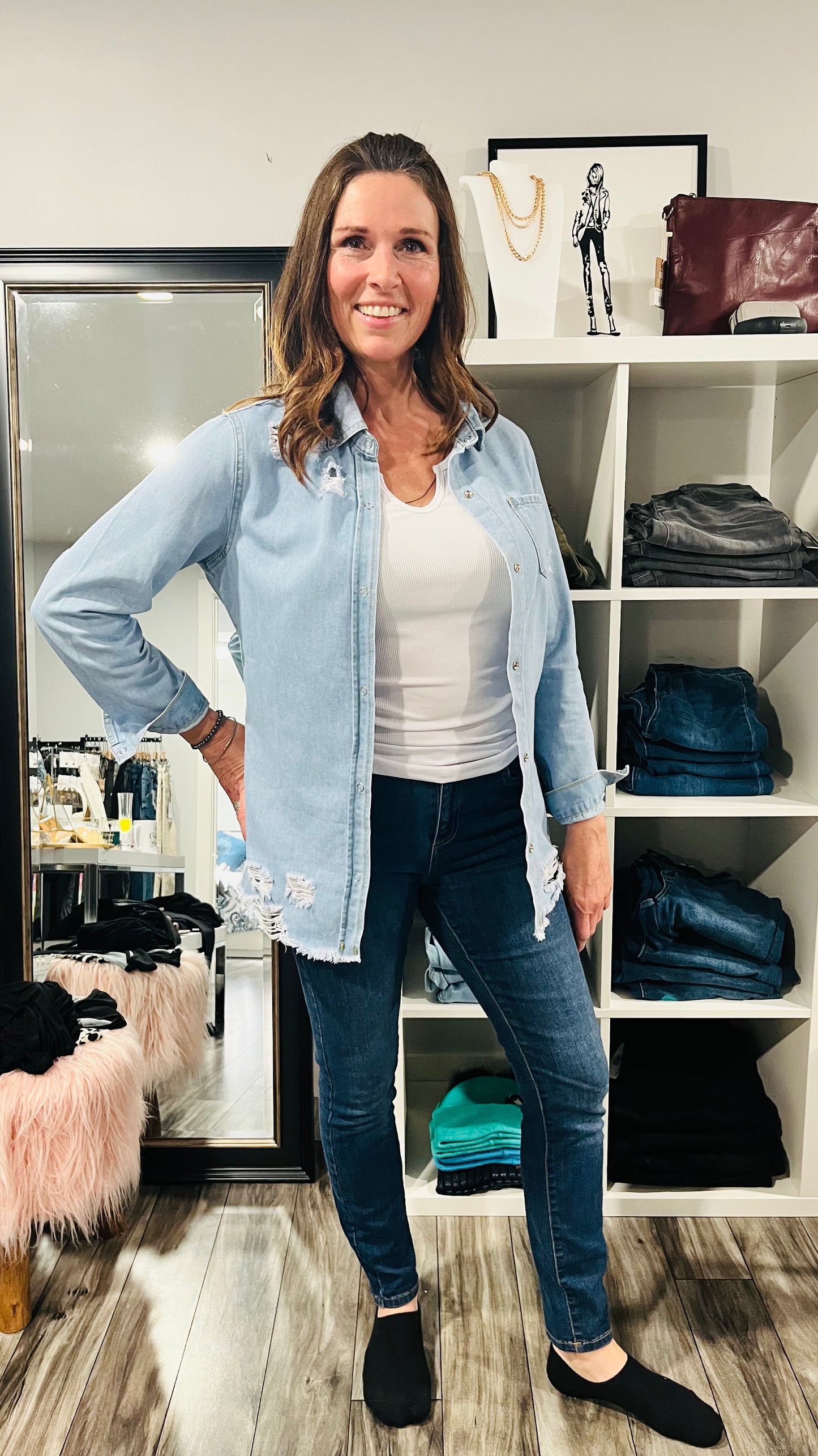 Distressed Denim Button Up Shirt