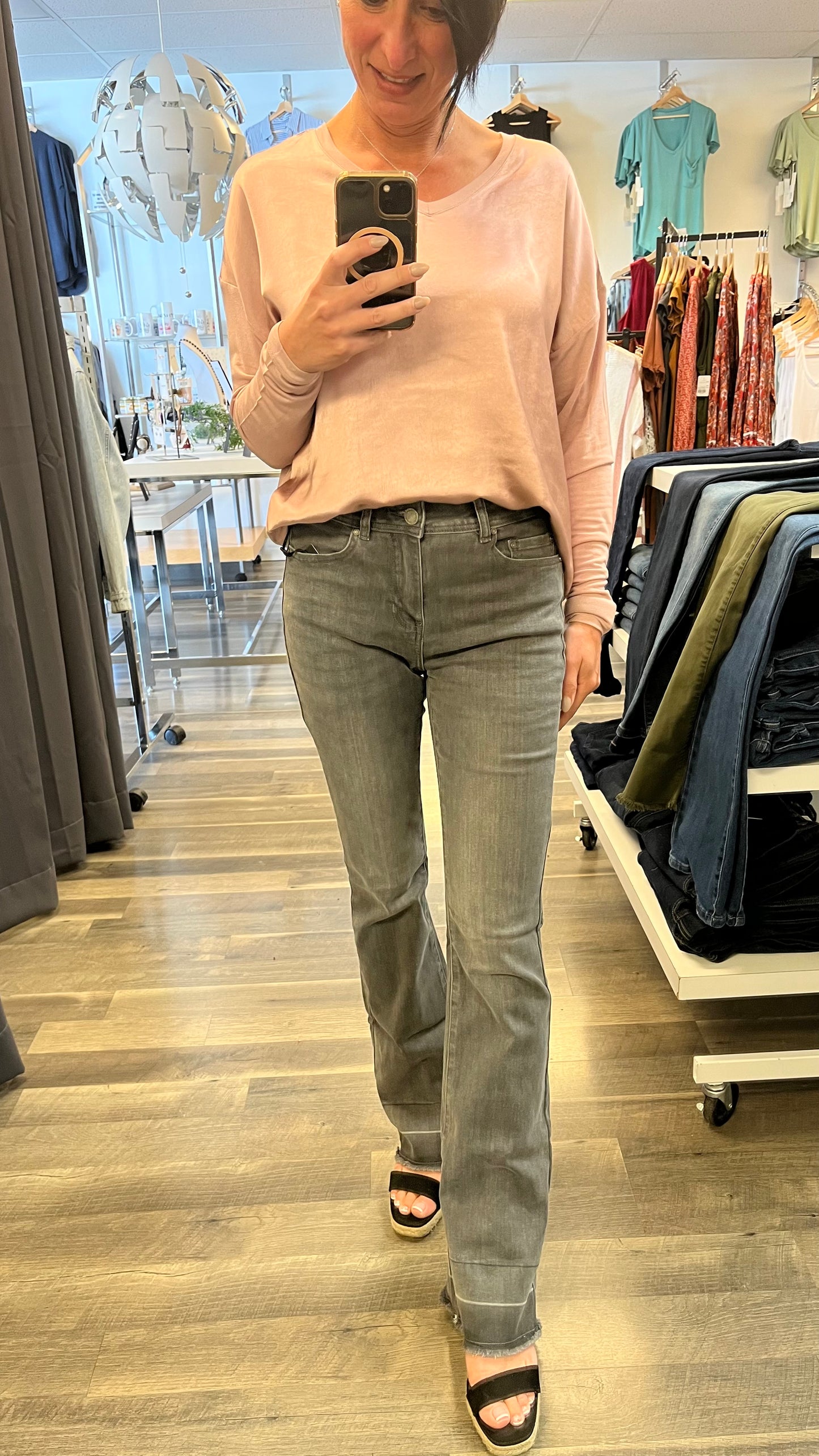 Charlie B-Contrast Cuff Flare Pant- Medium Gray